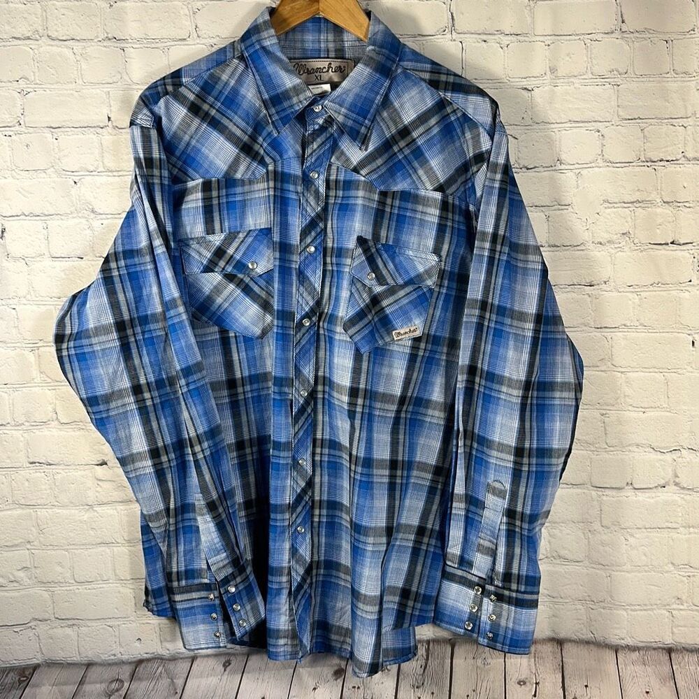 Wrangler Wrancher Mens Shirt XL Blue Plaid Pearl Snap Pockets Western Long Sleev
